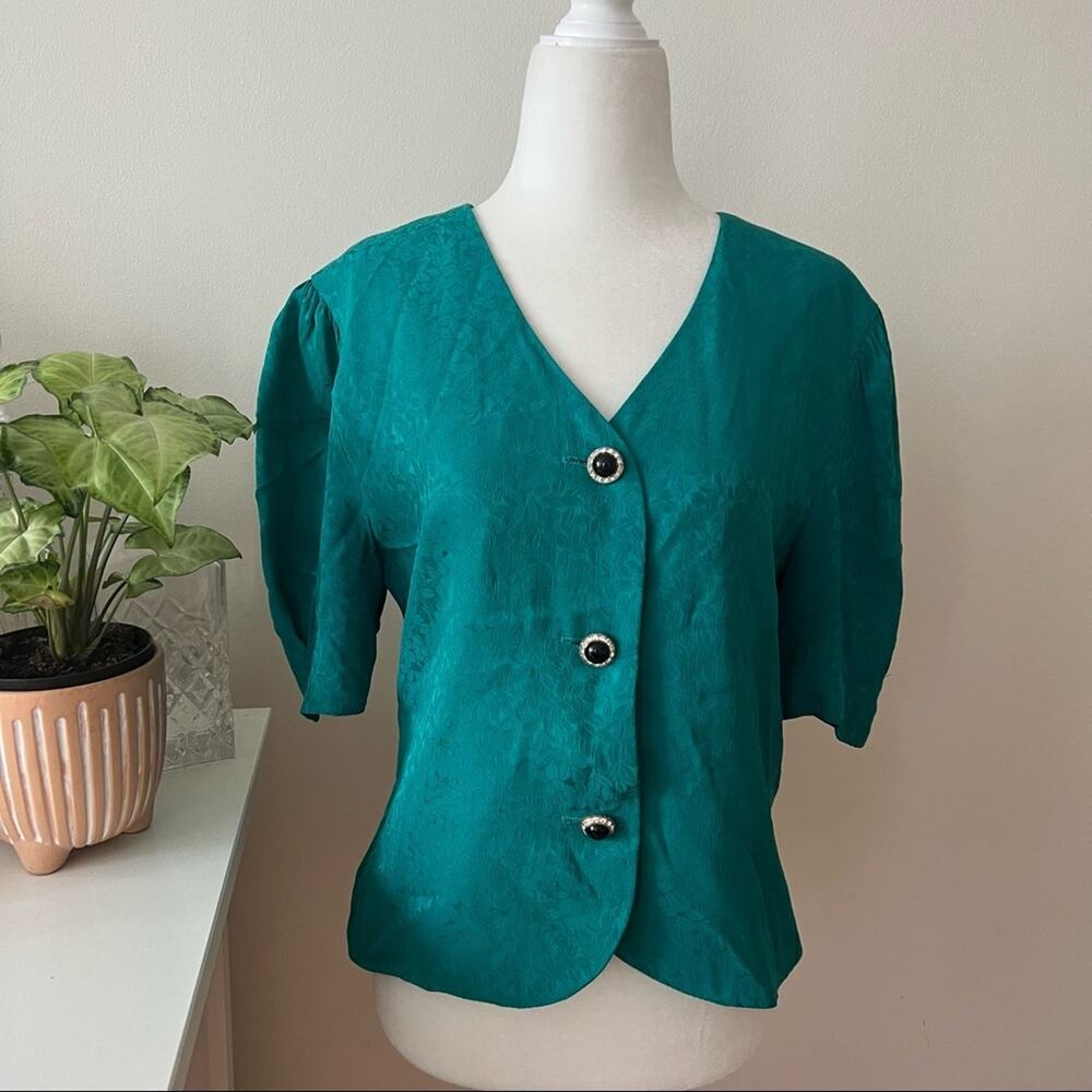 Vintage Puff Sleeve Teal 80s Ornate Button Front Silk Blouse